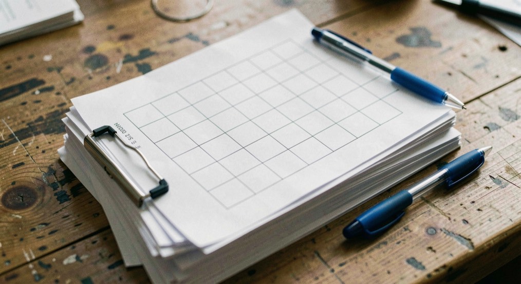 A kitchen table in daylight, a closed notebook with a pen resting on it beside a mug and a folded appointment letter, shot from above at a slight angle.