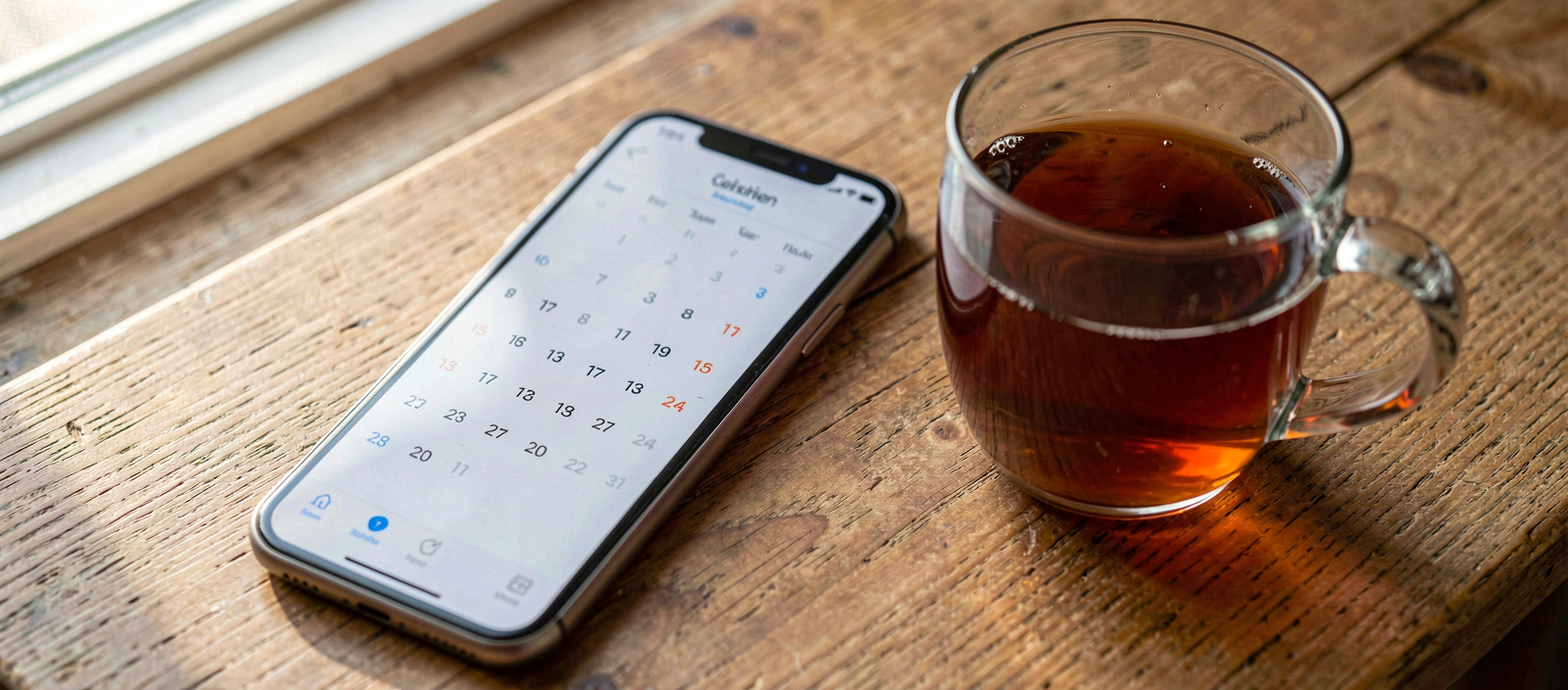 A smartphone lying on a wooden table beside a cup of Turkish tea, screen showing a calendar page, soft morning light from a window, close overhead framing.