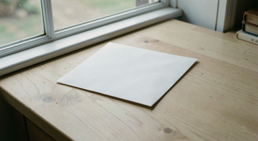 A blank white envelope lying at an angle on a pale oak desk in the slanted light of a mullioned window