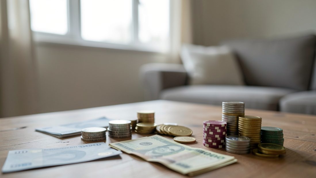 A small stack of coins beside a paper betting slip folded in half, on a formica table under flat indoor light