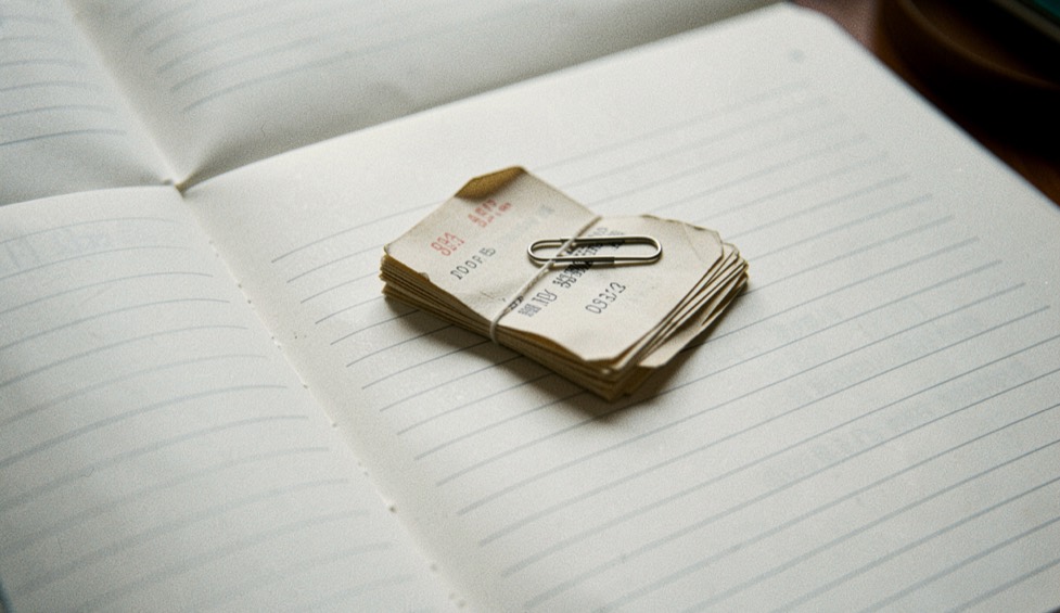 A columned account book open on blank ruled lines, with a small stack of creased paper receipts held together by a steel paper clip