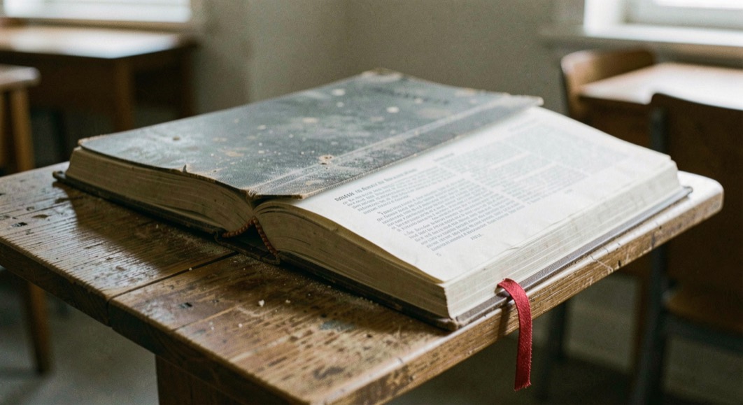 A bound volume of statutes lying open flat on a wooden lectern, its top edge dusty and a red fabric bookmark hanging