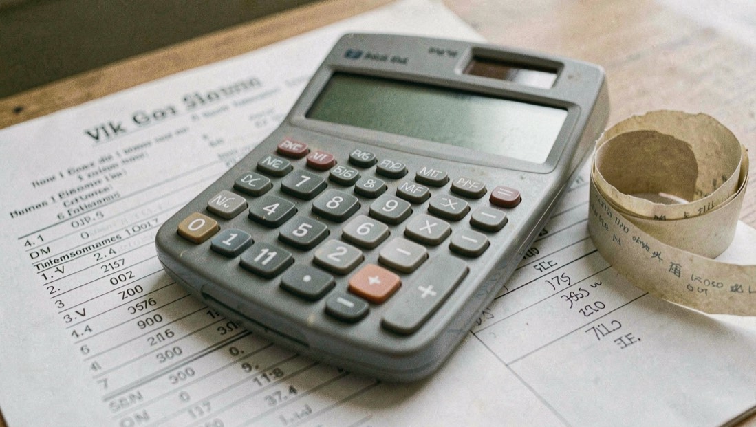 A grey desktop calculator with large keys resting on a printed statement of columns, a curl of till roll beside it