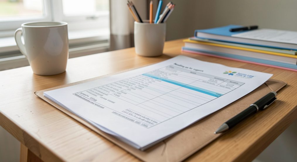 A printed invoice clipped to a brown clipboard on a kitchen table, a black pen laid across the totals row