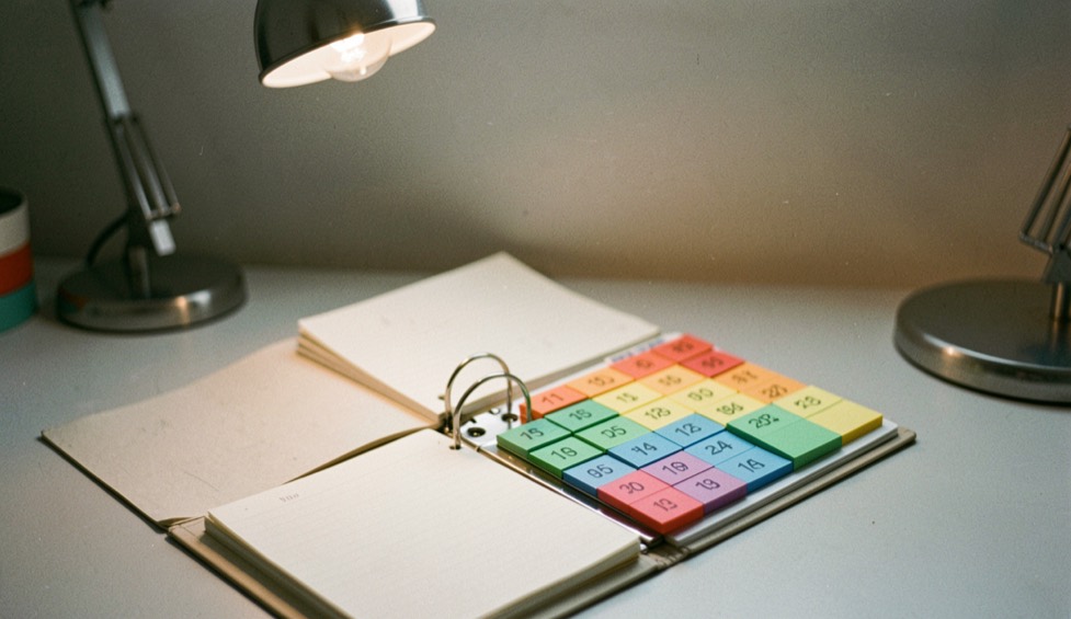 An open ring binder of numbered coloured index dividers, set at an angle on a pale grey desk under an anglepoise lamp
