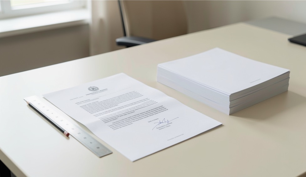 A printed council letter held open by a flat metal ruler on a pale desk, a pencil and a stack of identical blank forms beside it