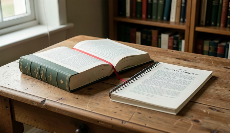 A clothbound statute book lying open beside a spiral bound printed booklet on a library table, a red ribbon marker across the gutter