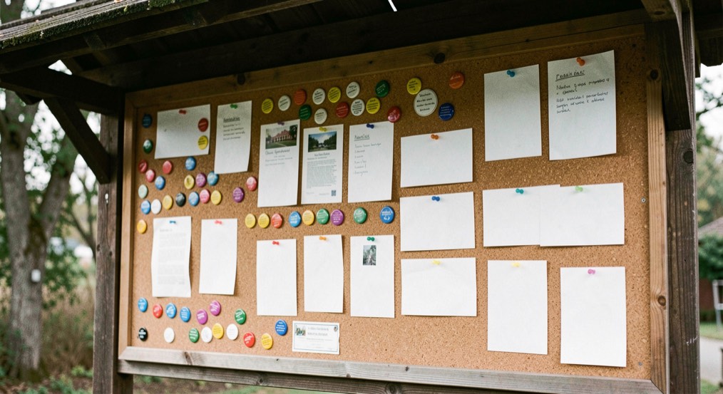 A cork community noticeboard dense with coloured pins and blank paper rectangles, mounted under a dark timber canopy