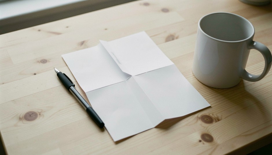 A creased white letter folded in three on a pale pine table, beside a black ballpoint pen and an empty white mug