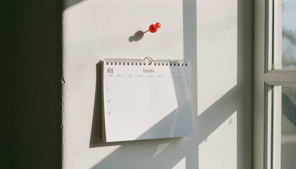 A wall calendar open on a blank page, a red drawing pin pushed into the wall above it and the sharp shadow of a window frame