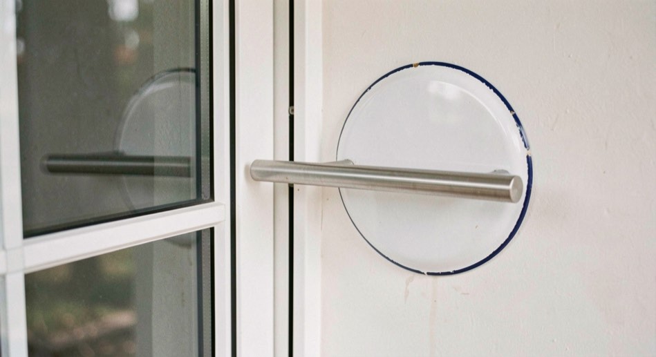 A blank white enamel wall plate screwed beside a glazed double door with a horizontal stainless steel push bar