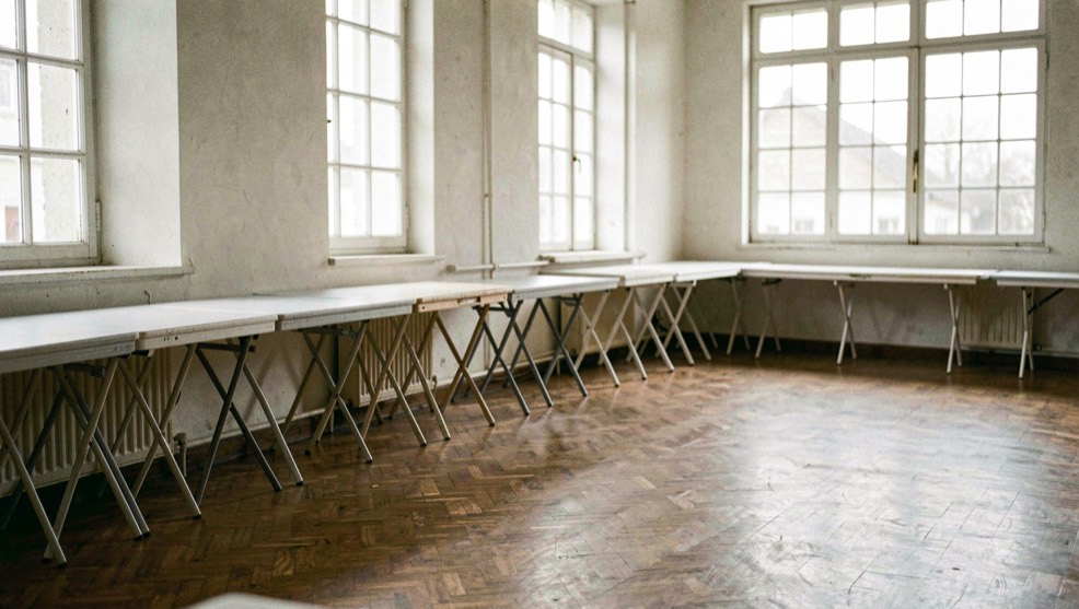 A hall with folding tables stowed against the wall, a parquet floor scored by chair legs and tall small paned windows