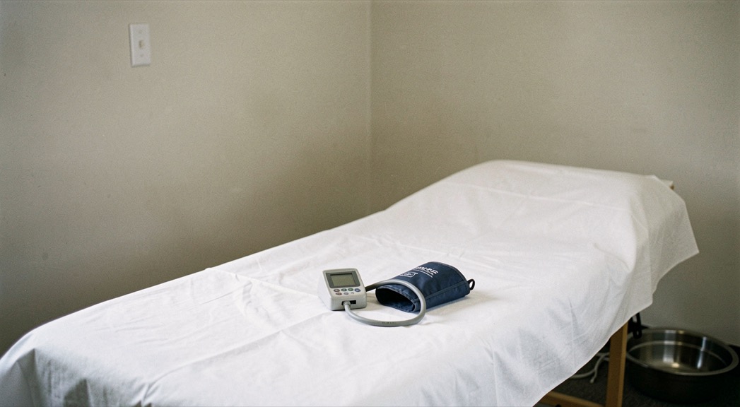 A kitchen table in daylight with a paper appointment card, a pill organiser, reading glasses and a pen resting beside a handwritten list of dates, shot from slightly above at a close crop.