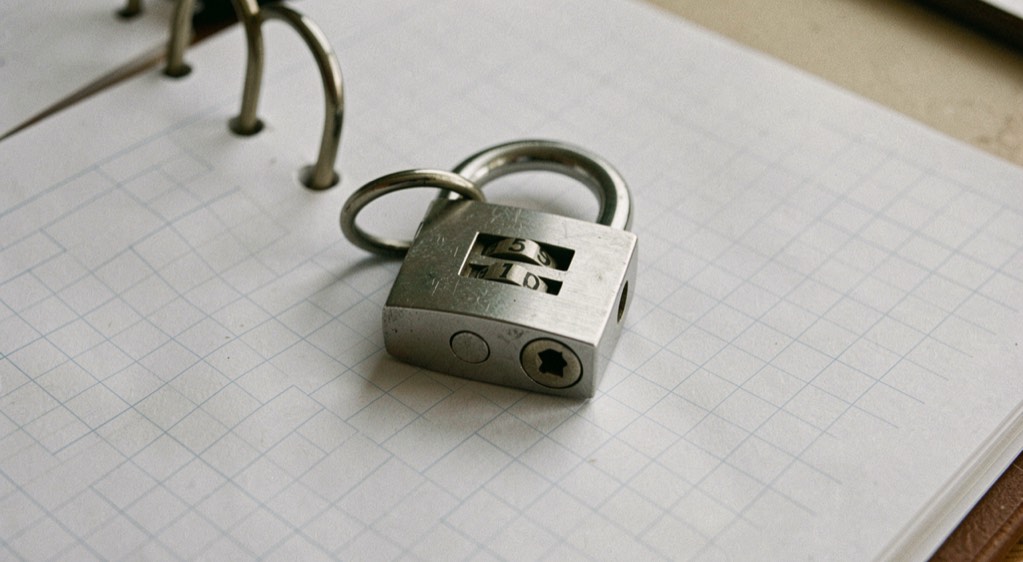A metal combination padlock closed through the ring of a binder, resting on a blank sheet of squared paper