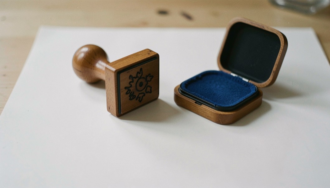 A wooden ink stamp lying flat on a blank white sheet, the open ink pad beside it showing its blue felt