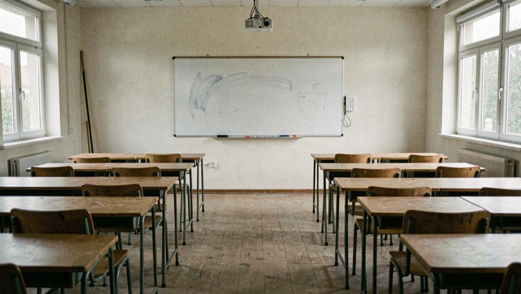 An empty classroom with single wooden desks lined in rows facing a wiped whiteboard, a projector hanging from the ceiling
