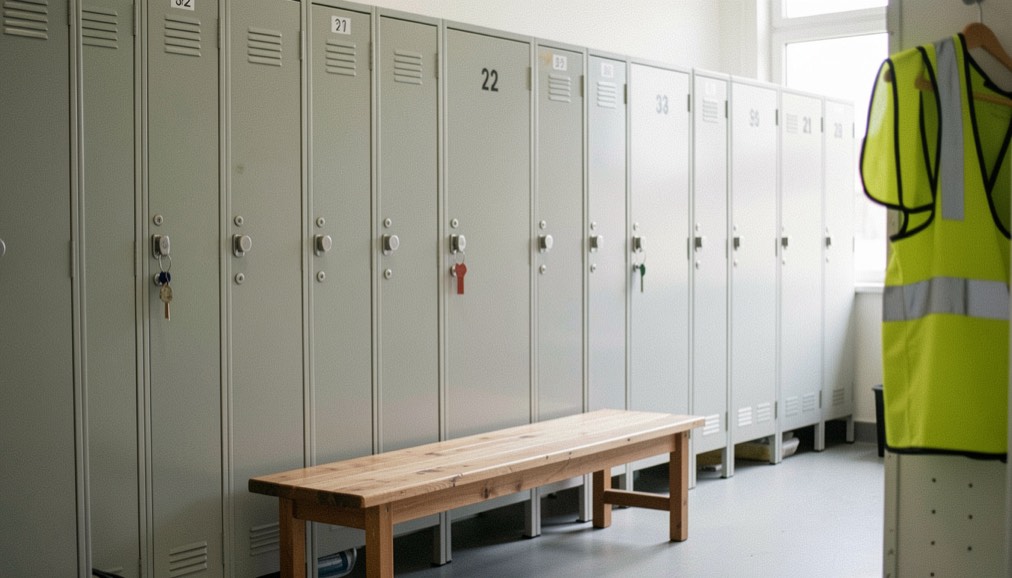 A staff changing room of numbered light grey metal doors, a wooden bench in front and a high visibility vest on a hook