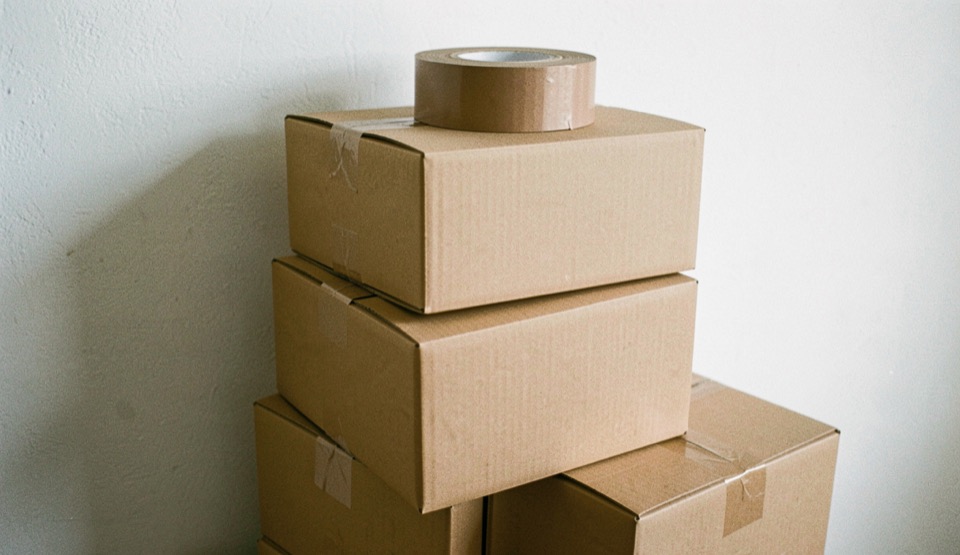 Four sealed cardboard boxes stacked against a bare white wall, a roll of brown packing tape resting on the top box
