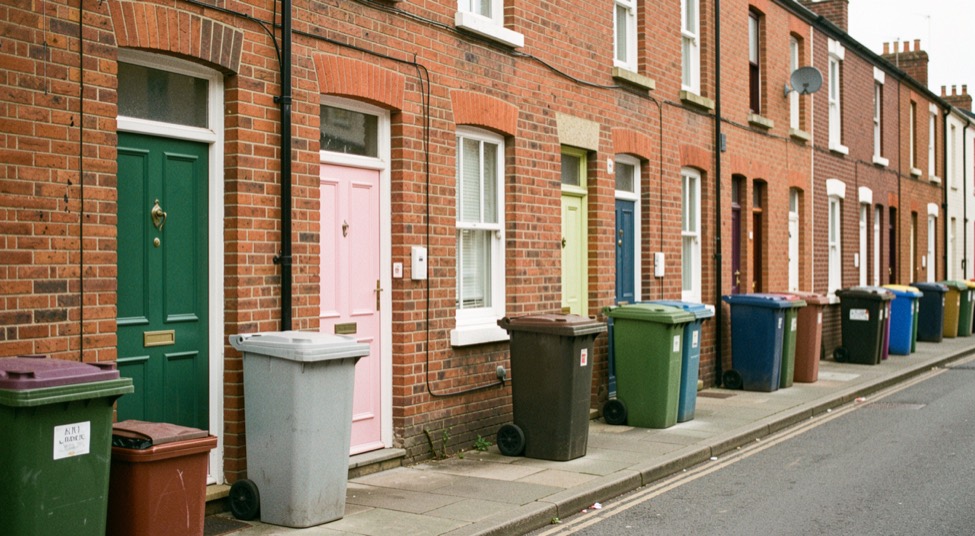 A terrace of red brick houses with front doors painted different colours and wheelie bins lined along the pavement