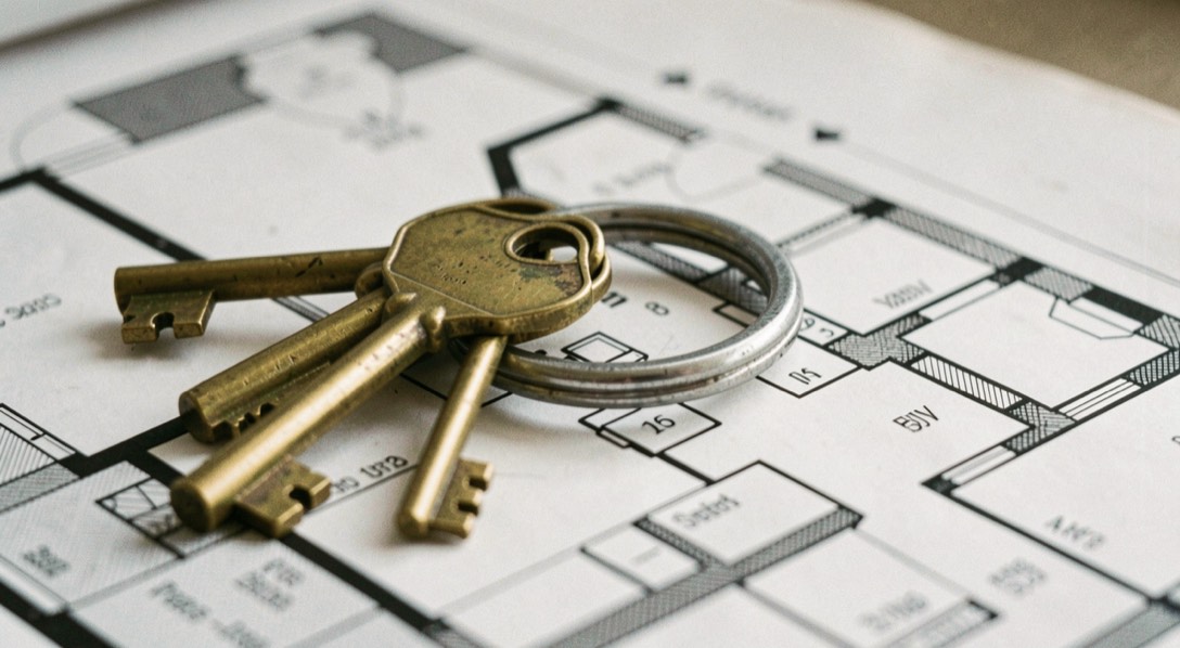 A metal ring of worn brass door keys resting on a black and white printed floor plan with one dog eared corner