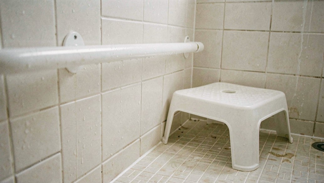 A white grab rail screwed to the pale tiling of a wet room, with a white plastic shower stool on the non slip floor