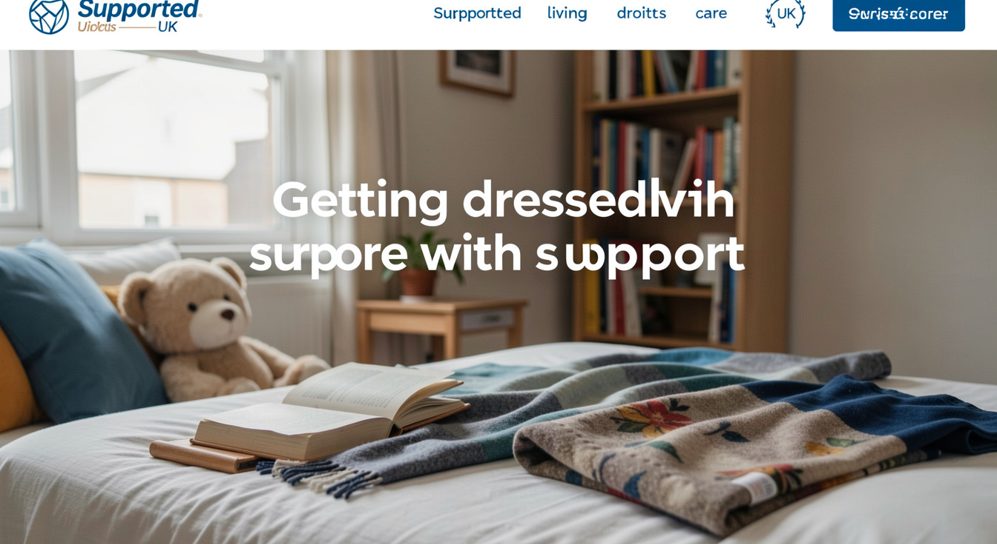 A wooden wardrobe door open on a short rail of shirts and cardigans, a folded striped scarf on the shelf above a stool